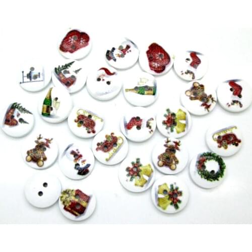 100pcs Popular Mixed White Round Christmas series Pattern Wooden Buttons For Clothes Crafts Sewing Scrapbooking DIY Accessories