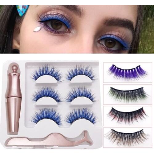 3 Pairs Colored Magnetic False Eyelashes Waterproof Magnetic Eyeliner Tweezer Set NO Glue Lashes Extension Colorful Fake Eyelash