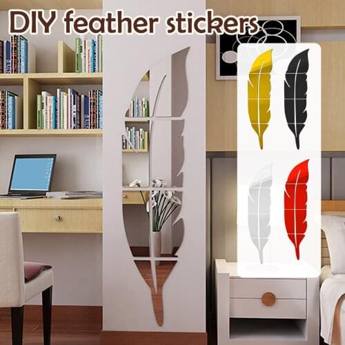 3D Mirror Wall Stickers Feather Wallpaper DIY Adhesive Decorative Mirrors Wall Sticker Irregular Acrylic Ornament Bedroom Decor