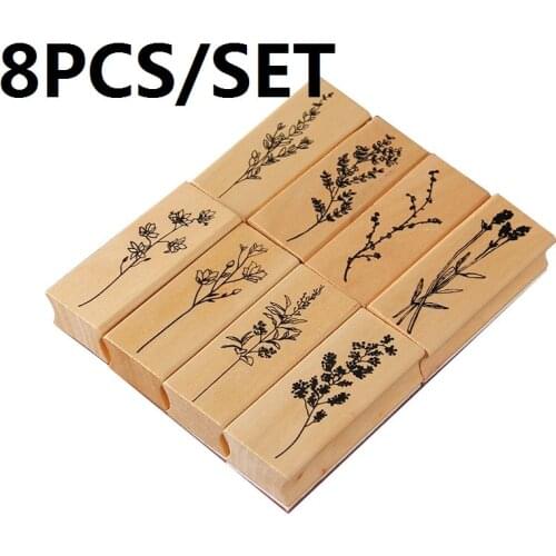 8PCS/Set Wooden Rubber Stamps Set Vintage Plant Tree Flower DIY Rubber Stamp For Card Making Scrapbooking
