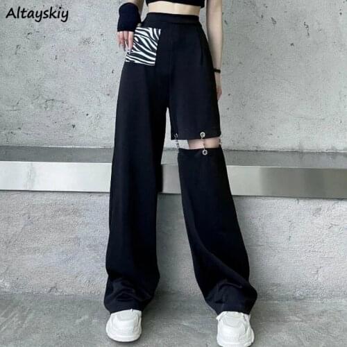 Pants Women Patchwork Wide Leg Loose High Waist Fashion All-match Leisure Korean Style Vintage Chain Hollow Out Female Trousers