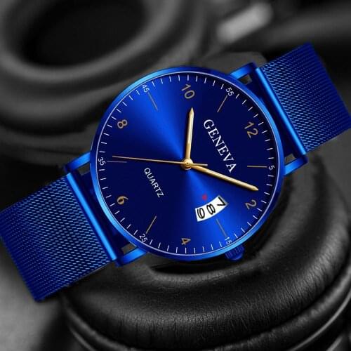 New Fashion Mens Watch Clock Classic Calendar Quartz Mens Blue Simple Watch Boy Arabic Digital Stainless Steel Mesh Watch