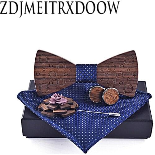 Mens Wood Pocket square Brooch Gravata Tie Hanky Cufflink Sets Wooden bow tie Handwork Carving Wedding Men bowtie set