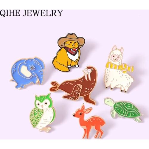 Cartoon Animal Enamel Pins Custom Cute Walrus Alpaca Deer Owl Turtle Elephant Brooch Bag Lapel Pin Badge Jewelry Gift for Friend