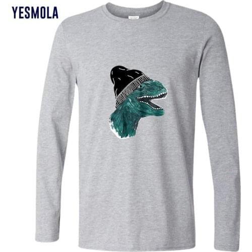 YESMOLA Mans T-shirt Print Dinosaur Long Sleeve T-shirt 100% Cotton Custom T Shirt Autumn Men Cartoon Casual Men Tshirt DIY