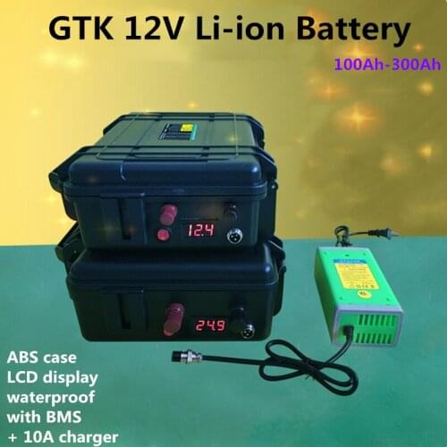 GTK waterproof ABS case 12V 100Ah 120Ah 150Ah 180Ah 200Ah 300Ah Lithium ion battery for trolling motor boat propeller+10A Charge