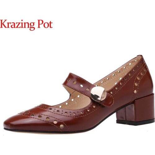 Krazing Pot vintage full grain leather carving hollow breathable round toe thick med heel slip on spring summer women pumps L13