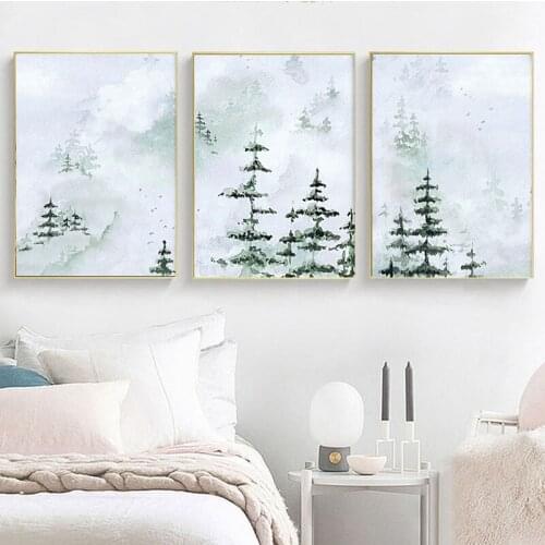 Nordic Watercolour Forest Lanscape Wall Art Canvas Poster and Print Canvas Painting for Living Room Modern Home Decorative