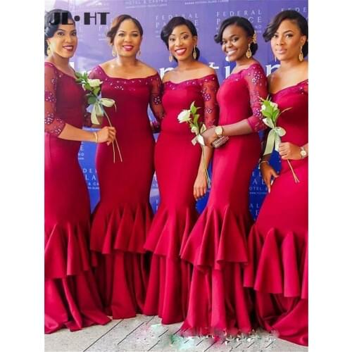 Off the Shoulder Mermaid Bridesmaid Dresses Long Sleeves Wedding Party Dress Elastic Satin Sweep Brush Train Bridesmaid Dress