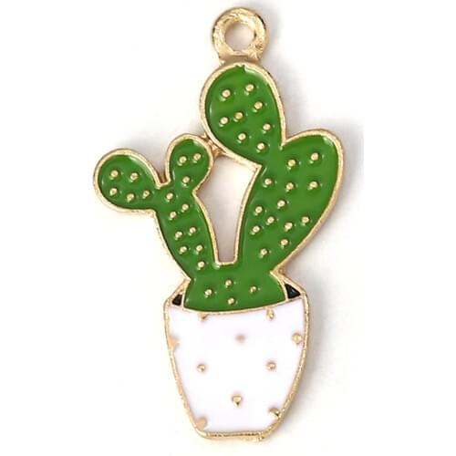 Doreen Box Zinc Based Alloy Pendants Cactus Gold Color White & Green Enamel Charms Accessories 35mm(1 3/8") x 20mm( 6/8"), 5PCs