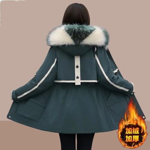 Plus Size 2021 Parker Padded Outwear Big Fur Collar Mid-Length Winter Coats Thick Down Padded Zipper Jacket Women Black 137