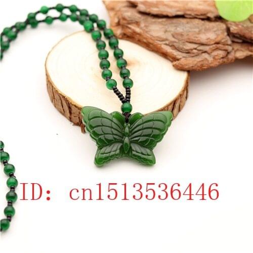 Carved Butterfly Jade Pendant Natural Chinese Green Beads Necklace Charm Jadeite Jewellery Fashion Lucky Amulet Gifts for Women