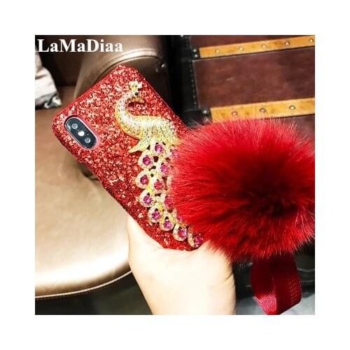 Luxury Bling Diamond peacock Mobile Cases For iPhone 11 Pro Max X XS MAX XR 6 6S 7 8 Plus lovely Fur Ball Glitter PC Hard Case