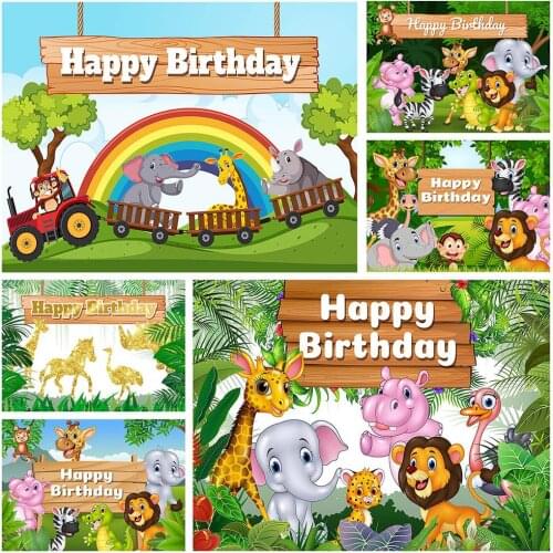 Jungle Safari Animal Birthday Party Custom Photography Backdrops Vinyl Cloth Photo Backgrounds for Children Newborn Baby Shower