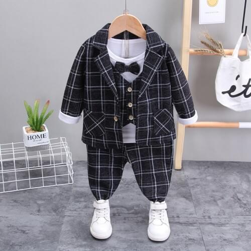 Spring Baby Boys Fashion Gentleman Bow Suits T-shirt Pants Plaid 3 Pcs/Set Childrens Long-sleeved Kids Suits Set 1 2 3 4 Years