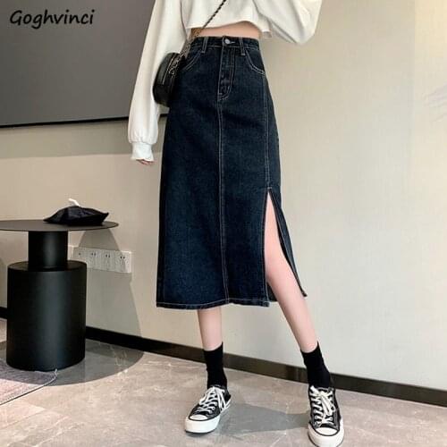 Skirts Women Denim Summer Fashion Kawaii Streetwear All-match Side-slit Chic Loose Medium-long Korean Vintage Elegant High Waist