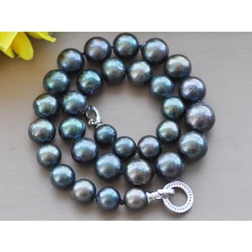 Z10520 17“-33" 15mm Peacock Black Round Freshwater Pearl Necklace CZ