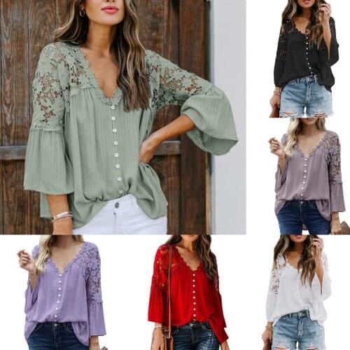 80% 2021 New Women Blouse Solid Color Lace Pullover Flare Sleeve V Neck Top See Through Back Large Hem Shirt for Daily Wear