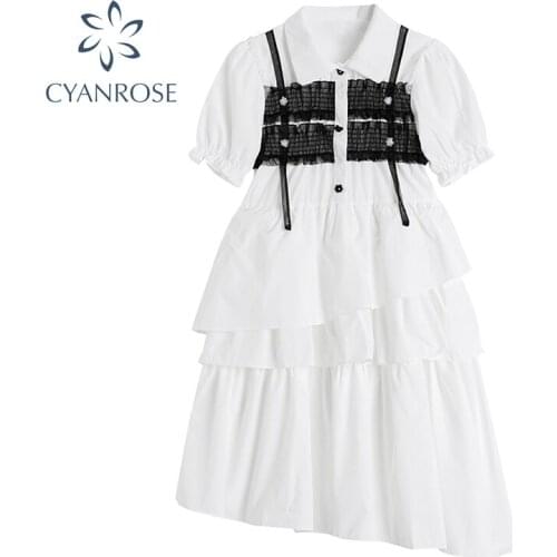 Women White Shirt Dresses Stitching Gauze Vest Korean Harajuku Puff Sleeve Slim-Waist Irregular Cake Dress Lady 2021 Summer New