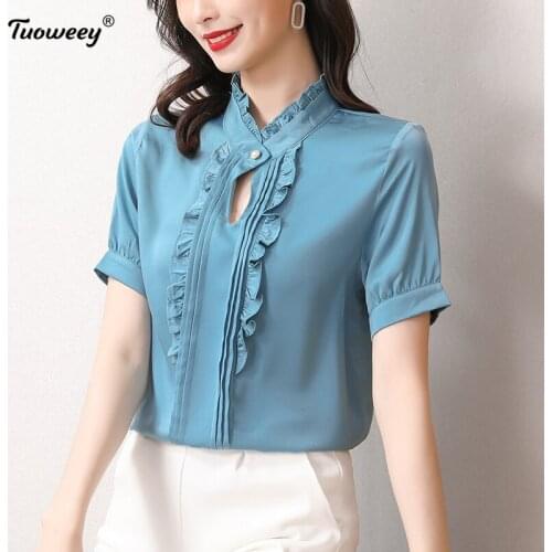 Plus Size Womens Blouses shirts Summer style Tops New blue solid Blouse Loose office shirt O Neck Short Sleeve Blusas