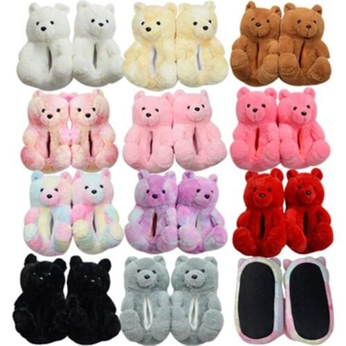 Women Home Indoor Soft anti-slip Faux Fur Cute Slippers Winter Warm Shoes Cartoon Plush Teddy Bear Slippers