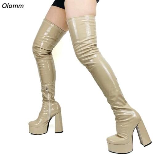 Olomm Women Spring Platform Thigh Boots Side Zipper Hoof Heels Round Toe Pretty Green Red Night Club Shoes Plus US Size 5-15