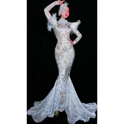 Women Festival Evening Costume Prom Celebrate Big Tail Dresses Women Shining Rhinestone Long Train Dress Party Wear Dress