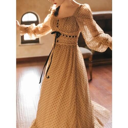 2021 Retro Dot Mesh Fairy Dress Women Korean Fashion Vintage Khaki Puffer Sleeve Princess Dresses for Elegant Lady Vestido Festa