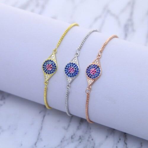 2021 New arrival blue Cubic Zirconia lucky Evil Eye charm Adjustable box tennis Chain Bracelet for women fashion party jewelry