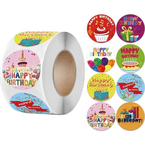 500Pcs/Roll 8 Styles Happy Birthday Round Adhesive Stickers Kids Party Gift Packaging Seal Labels for Scrapbooking Cards Decor