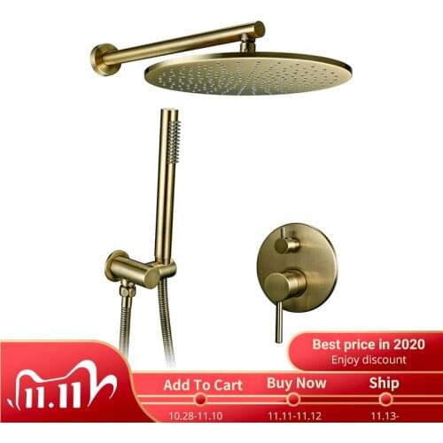 8/10/12 inch Solid Brass Shower Set Bathroom Round Head Faucet Luxury Gold HandShower Diverter Mixer Golden Handheld Spray Set