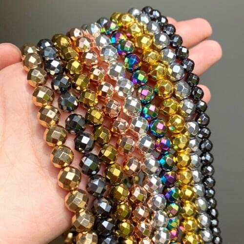 Natural Stone Beads Faceted Color Hematite Round Loose Beads For Jewelry Making DIY Bracelet Accessories 15'' 2/3/4/6/8/10/12 mm