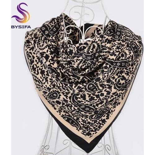 [BYSIFA] Ladies Silk Scarf Shawl New Brand Black Beige Paisley Design Square Scarves Wraps Women Neckerchief Scarf 100*100cm