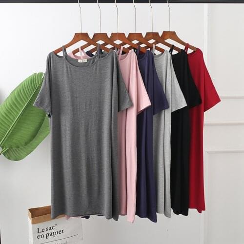 Home service dress summer new large size ladies fat MM loose nightdress modal leaky shoulder short sleeve gray пижама