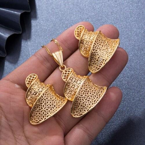 Dubai 24K Gold Color Jewelry sets for Women Indian Ethiopia Necklace Pendant Earrings set Africa speaker wedding Party gift