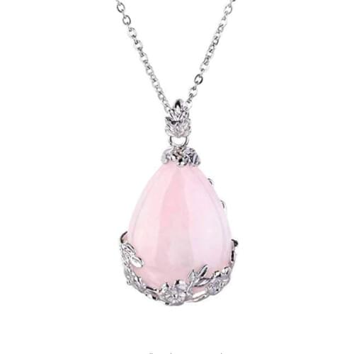 FYJS Unique Jewelry Silver Plated Flower Wrap Water Drop Natural Rose Pink Quartz Pendant For Women Necklace
