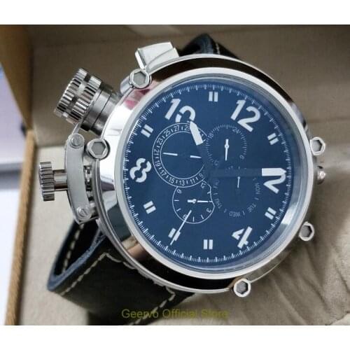 50mm GEERVO left hand crown black dial Automatic Self-Wind movement Auto Date Mens watch cow Leather strap 129A
