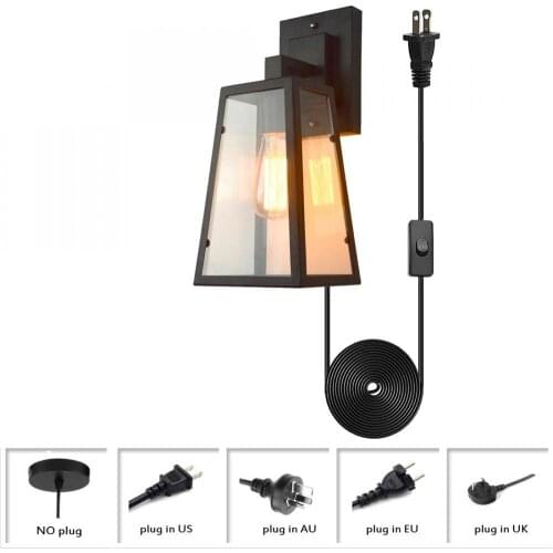 Wall Lighting with Clear Glass Shade Matte Black Metal Cage Wall Sconce Plug In Wall Lamp Outdoor and Indoor Waterproof Lantern