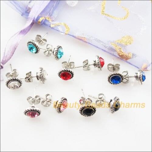 New 12Pcs Tibetan Silver Color Mixed Crystal Wire Earrings Hooks Findings 8x17mm