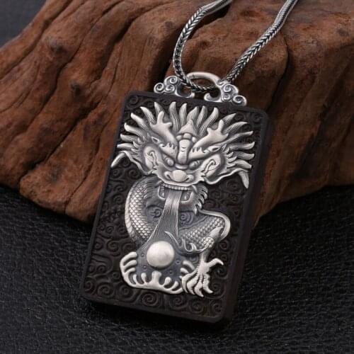 Wholesale S990 Sterling Silver Jewelry Retro Thai Silver Exquisite Ebony Dragon Long Square Male Sweater Chain Pendant