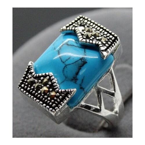 12*20mm Fashion 925 Sterling Silver Blue Natural Turquoise Marcasite Ring Size 7/8/9/10