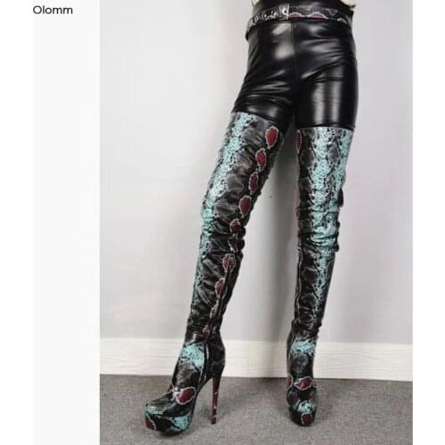 Olomm Women Platform Thigh High Boots Sexy Stiletto High Heels Boots Round Toe Black Club Wear Shoes Women Plus US Size 5-20
