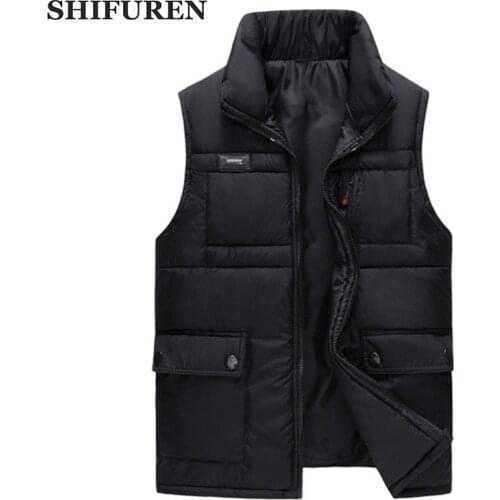 SHIFUREN Winter Mens Sleeveless Jacket Thicken Cotton-Padded Vest Zipper Multiple Pockets Warm Causal Male Waistcoat Tops