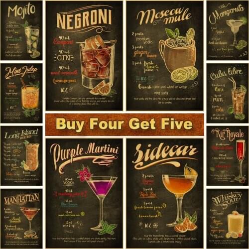 Drink and Mojito Cocktail Vintage Poster Retro Kraft Paper Posters and Prints Wall Art Painting Pub Club Bar Decorative Sticker