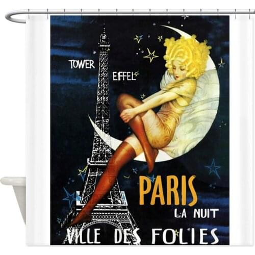 Paris Tower Moon Vintage Poster Decorative Fabric Shower Curtain