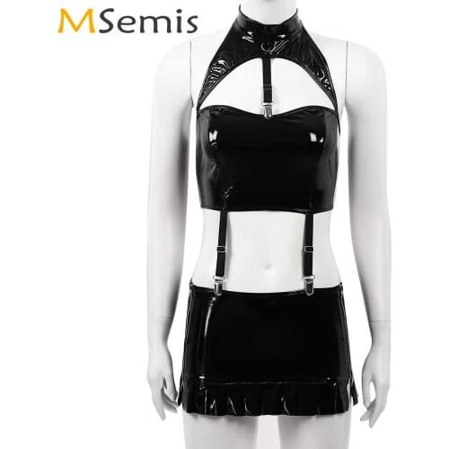 Women Erotic Latex Mini Skirt with Halter Cutout Crop Top Clubwear Rave Patent Leather Outfit Sexy Wet Look Bodycon Lingerie Set