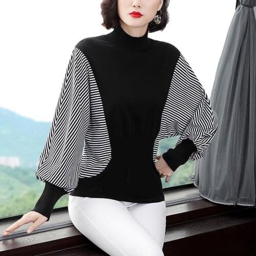 Turtleneck Tshirt Tops Women 2020 Autumn Cotton T-Shirt Striped Patchwork Long Sleeve Plus Size Womens Clothing Tee Shirt Femme