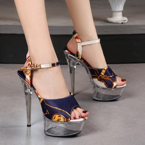 Ankle strap high heels sandals design color reinforced patch high heel sandals womens party show model catwalk nightclub