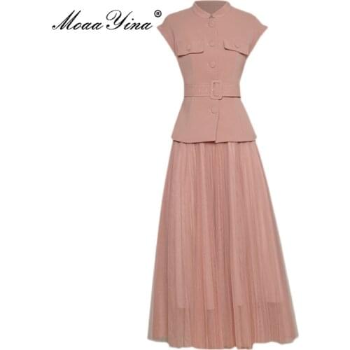 MoaaYina Fashion Designer Set Summer Women Stand collar Single-breasted Slim Top and Elasticity A-line mesh Skirts 2 Pieces Suit