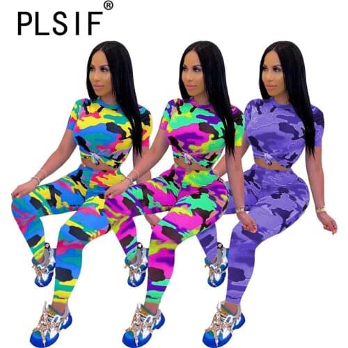 Camouflage Print Women Set O Neck 2 Pieces Crop Top And Long Pant Suit Female Outfits